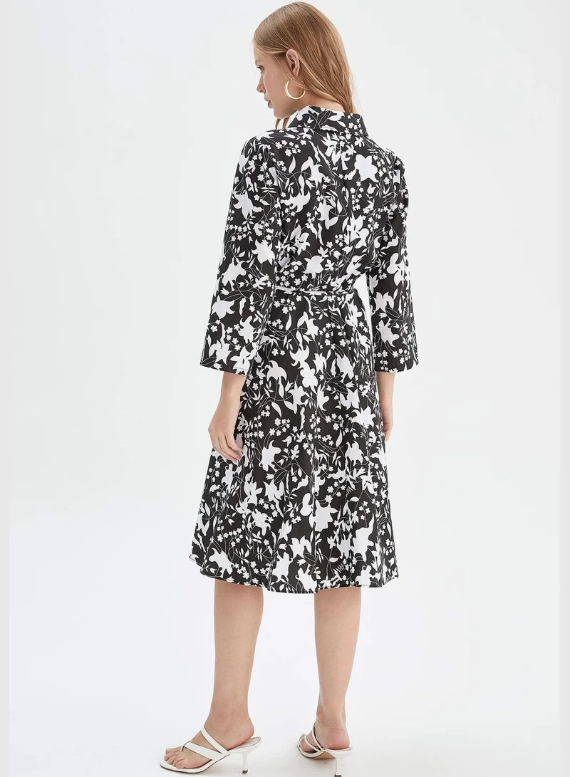 DeFacto Long Sleeve Floral Print Belted Midi Dress