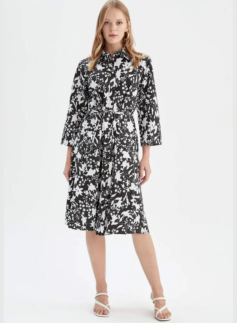 DeFacto Long Sleeve Floral Print Belted Midi Dress