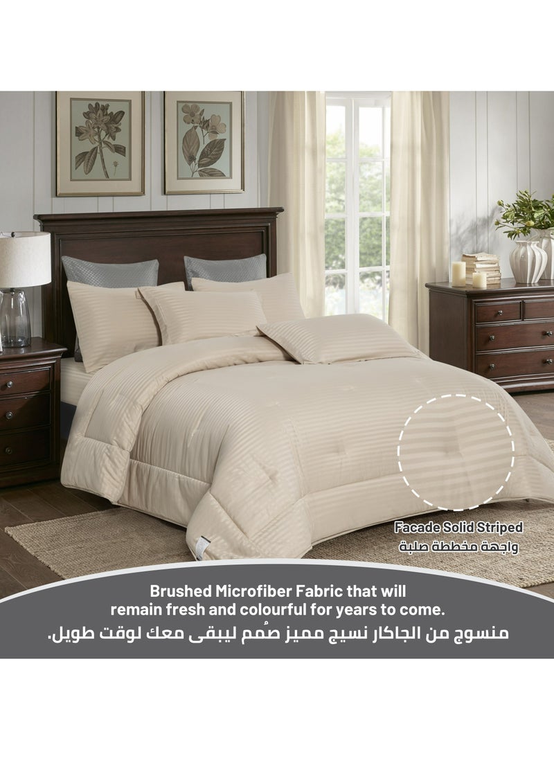 Donetella - Comforter Set 6-Pcs King Size Hotel Style Thin Striped Bed Set Fits 200x200 Cms (350 GSM) With Down Alternative Filling, Linen - Image 1