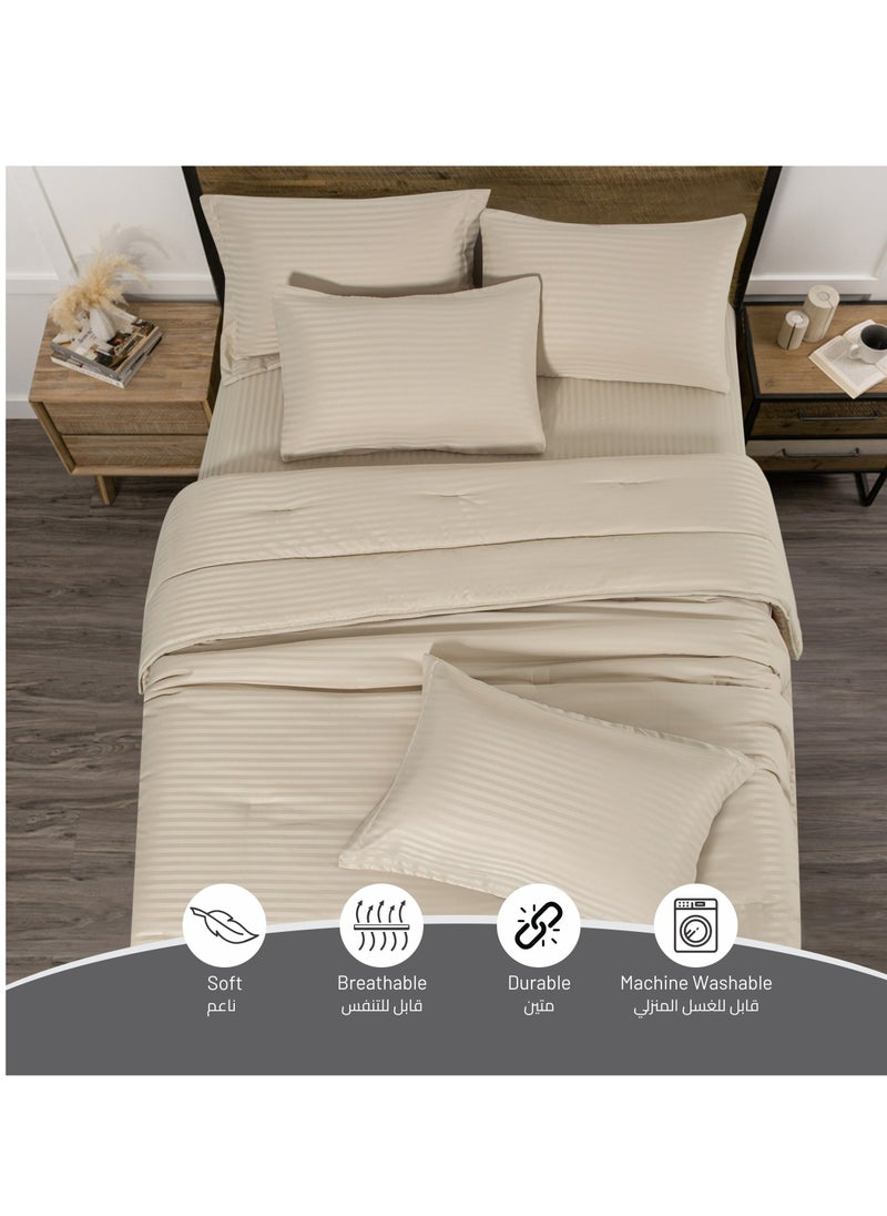 Donetella - Comforter Set 6-Pcs King Size Hotel Style Thin Striped Bed Set Fits 200x200 Cms (350 GSM) With Down Alternative Filling, Linen - Image 1