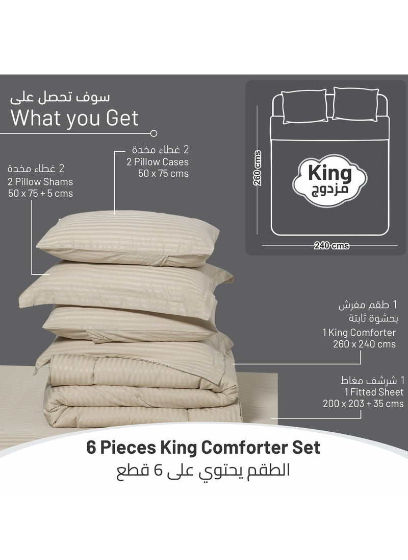 Donetella - Comforter Set 6-Pcs King Size Hotel Style Thin Striped Bed Set Fits 200x200 Cms (350 GSM) With Down Alternative Filling, Linen - Image 1