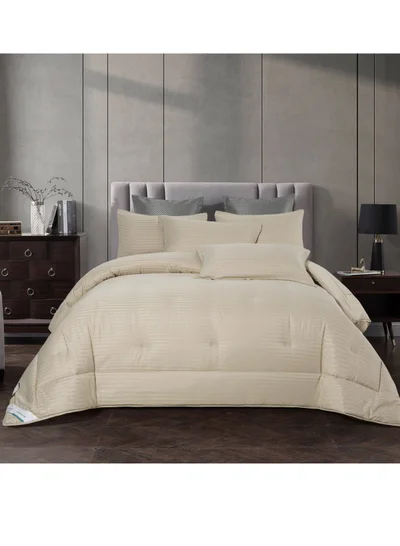 Donetella Comforter Set 6-Pcs King Size Hotel Style Thin Striped Bed Set Fits 200x200 Cms (350 GSM) With Down Alternative Filling, Linen
