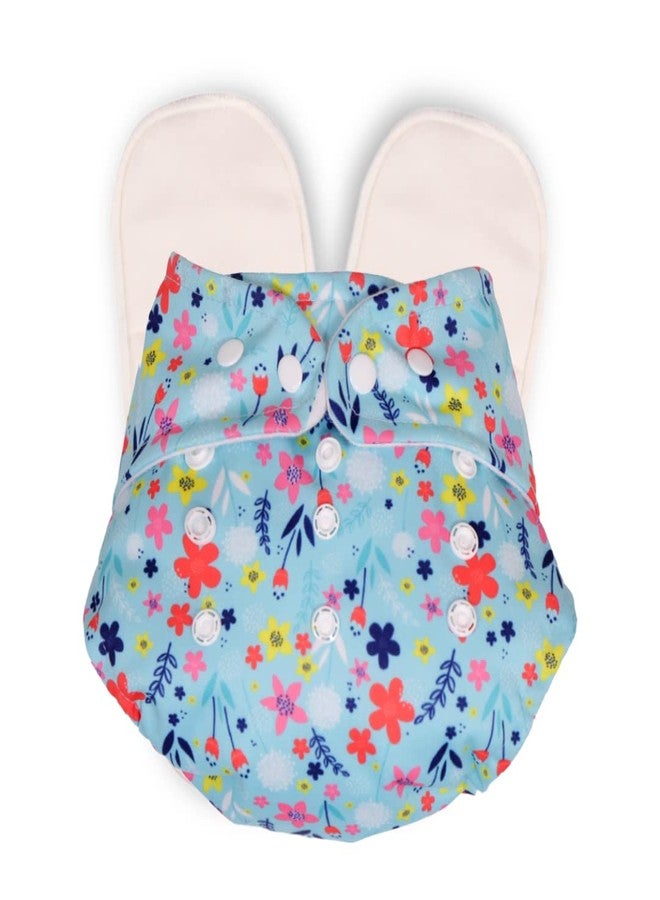 Deedry Oeko-Tex Certified Washable & Reusable Diapers With Adjustable Snap Buttons (One Size Perfect Fit), Comes With Absorbent Inserts/Pads- (3Months- 3Years) (Floral-Skyblue, With 2 Inserts) - Image 1