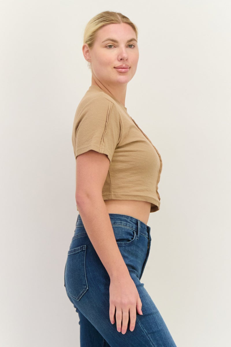 PUBLIC DESIRE Women Crew Neck Short Sleeves Ribbed Top, Brown - Image 3