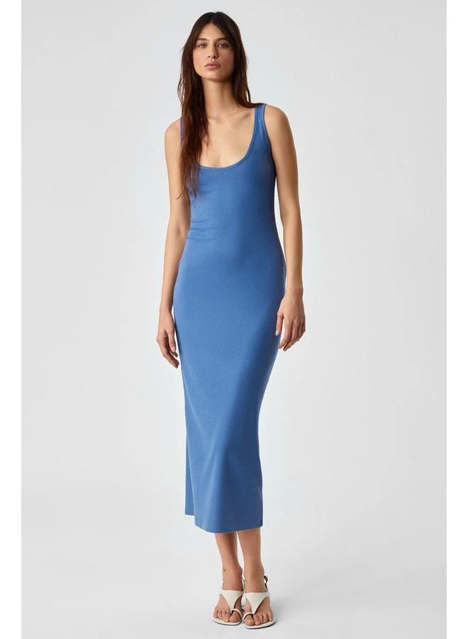 Ethiquet SOFUTEY Women's Slim Sleeveless V-neck Straight-leg Blue Dress.