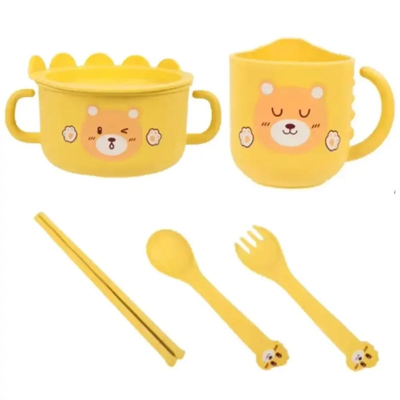 Cute Cartoon Bear Printed Childrens Dining Set With Bowl, Cup, Spoon, Fork And Chopstick- Yellow