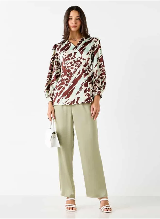 Iconic Iconic All-Over Print Wrap Top with Long Sleeves and Tie-Up Detail