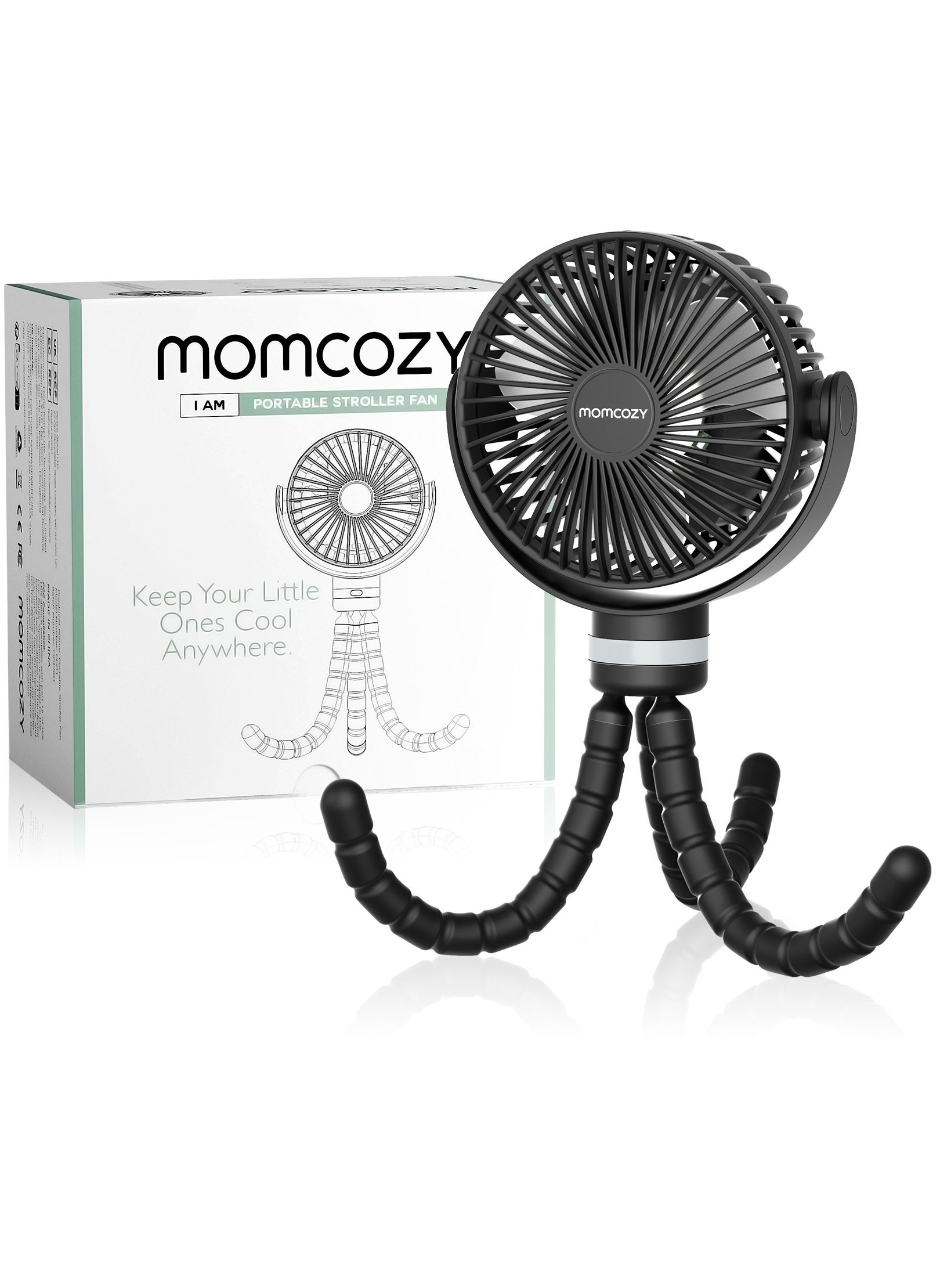 Momcozy مروحة عربة أطفال محمولة، عمر بطارية طويل جدًا 27 ساعة، 4 سرعات قابلة للفصل تدور 360 درجة، إضاءة ليلية LED مع وضعين، مروحة تبريد محمولة قابلة لإعادة الشحن عبر USB للسفر، مقعد السيارة، غرفة النوم 