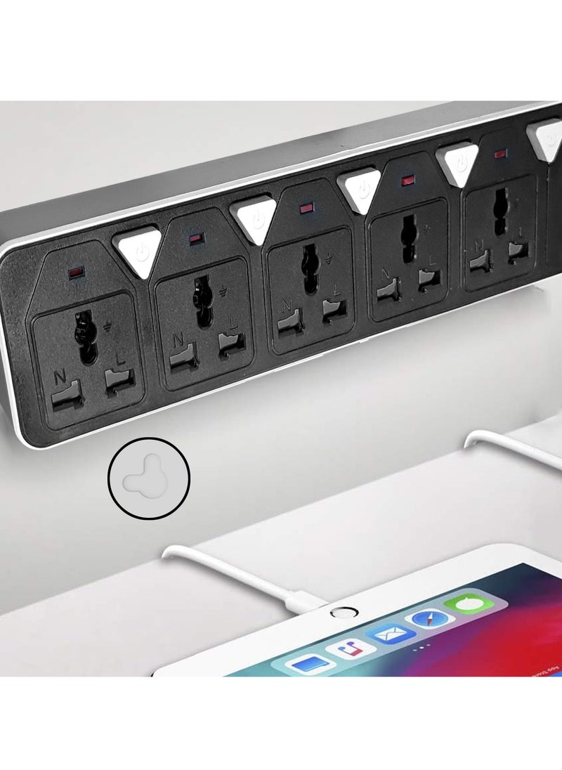 5 meter Universal Power Extension Cord, 5 Power Plugs, 2 USB & 1 PD Type-C Charging Ports Extension lead Surge protector Heavy Duty Plug, Power Buttons, Twist-to-Close Safety Covers Black