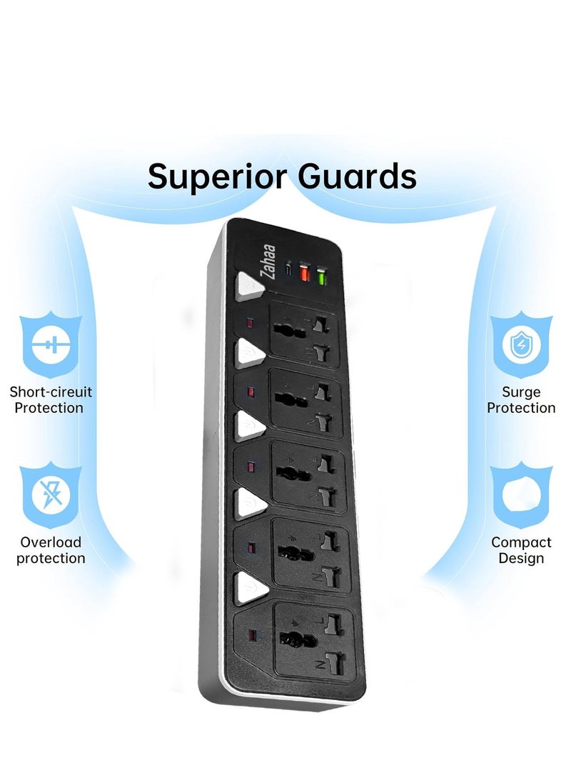 5 meter Universal Power Extension Cord, 5 Power Plugs, 2 USB & 1 PD Type-C Charging Ports Extension lead Surge protector Heavy Duty Plug, Power Buttons, Twist-to-Close Safety Covers Black