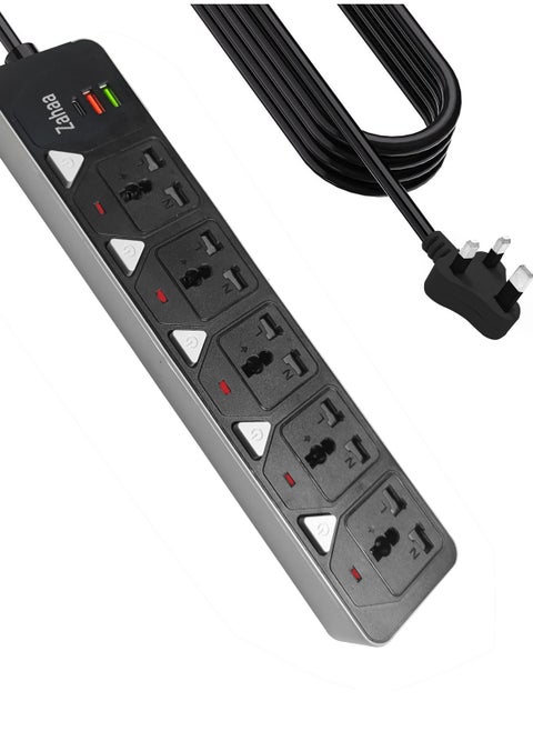 5 meter Universal Power Extension Cord, 5 Power Plugs, 2 USB & 1 PD Type-C Charging Ports Extension lead Surge protector Heavy Duty Plug, Power Buttons, Twist-to-Close Safety Covers Black