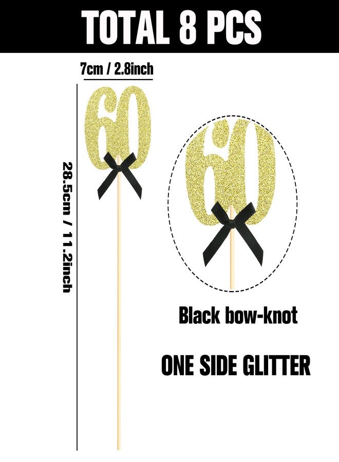 Sotpot 8 pcs Gold Glitter 60th Birthday Centerpiece Sticks, Number 60 with Bow Centerpieces Table Flower Topper for Man Woman 60th Birthday Anniversary Table Party Decorations - Image 2