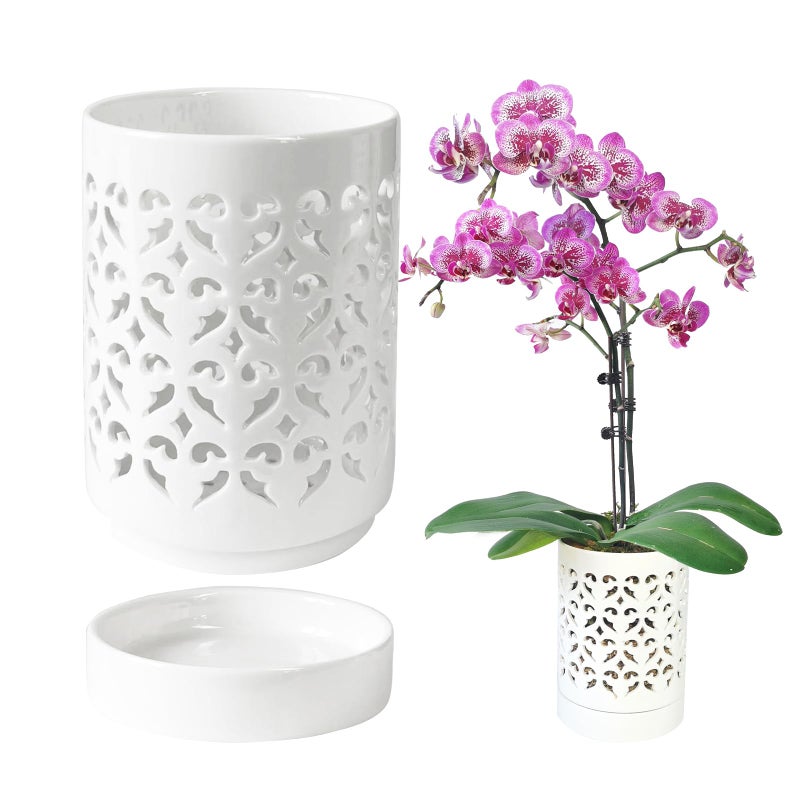 pavtner Orchid Pots with Holes,4 Inch Ceramic Orchid Pot for Repotting, Flower Planter Pot Indoor Outdoor, Breathable Slotted Orchids Planter White - Image 1