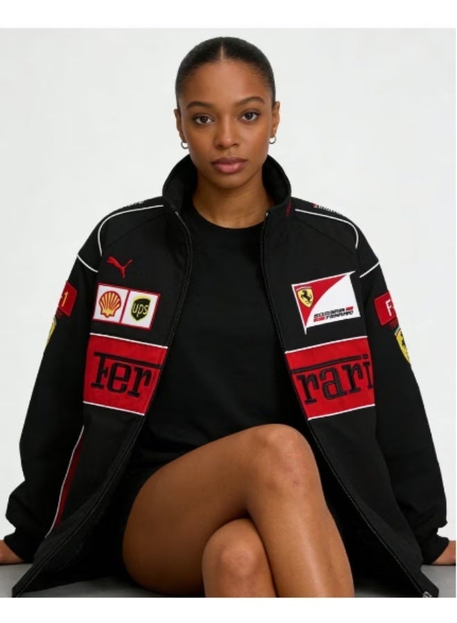 F1 Ferrari x PUMA  Racing Jacket - Shell/UPS Sponsor Badges, Black/Red Color Block, Embroidered Logo, Full-Zip Design, Unisex Motorsport Streetwear Coat - Image 1