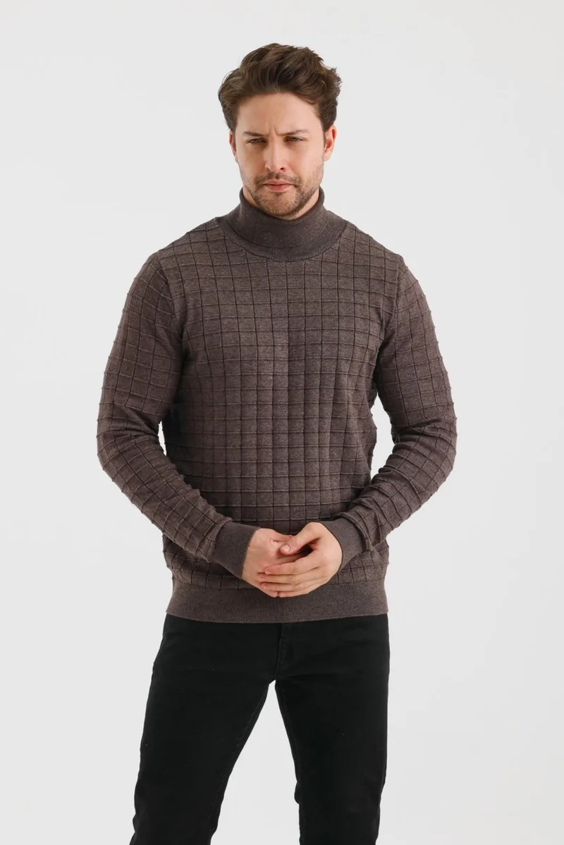 الكسندر جاردي Alexandergardi Turtleneck Plain Color Plaid Regular Fit Knitwear Sweater (E24-EZE-23)