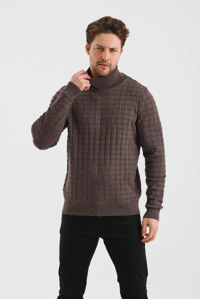 الكسندر جاردي Alexandergardi Turtleneck Plain Color Plaid Regular Fit Knitwear Sweater (E24-EZE-23)
