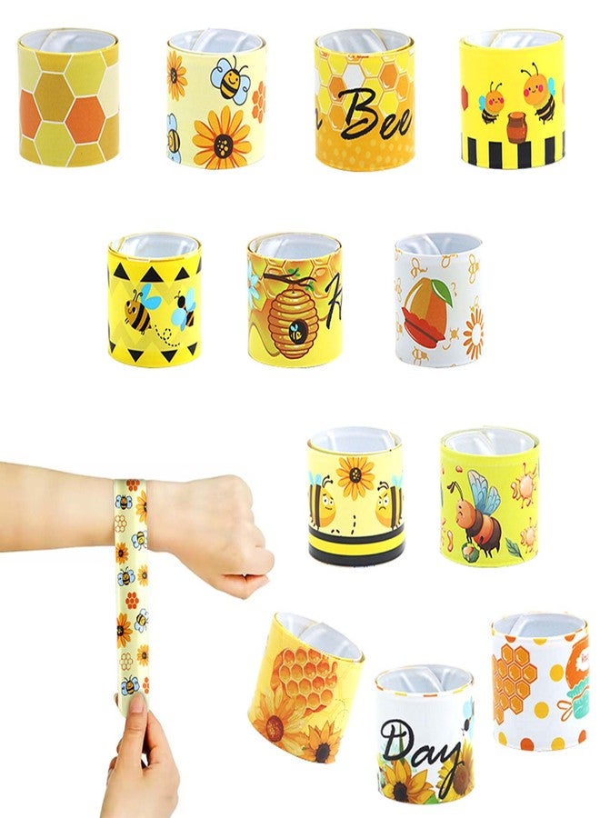 Qpout 48pcs Bee Slap Bracelets Honeycomb Wristbands Assorted Color Bee Theme Party Favors Sunflower Wristband Honeybee Yellow Bee Birthday Slap Bands Baby Shower for Classroom Prizes - Image 2