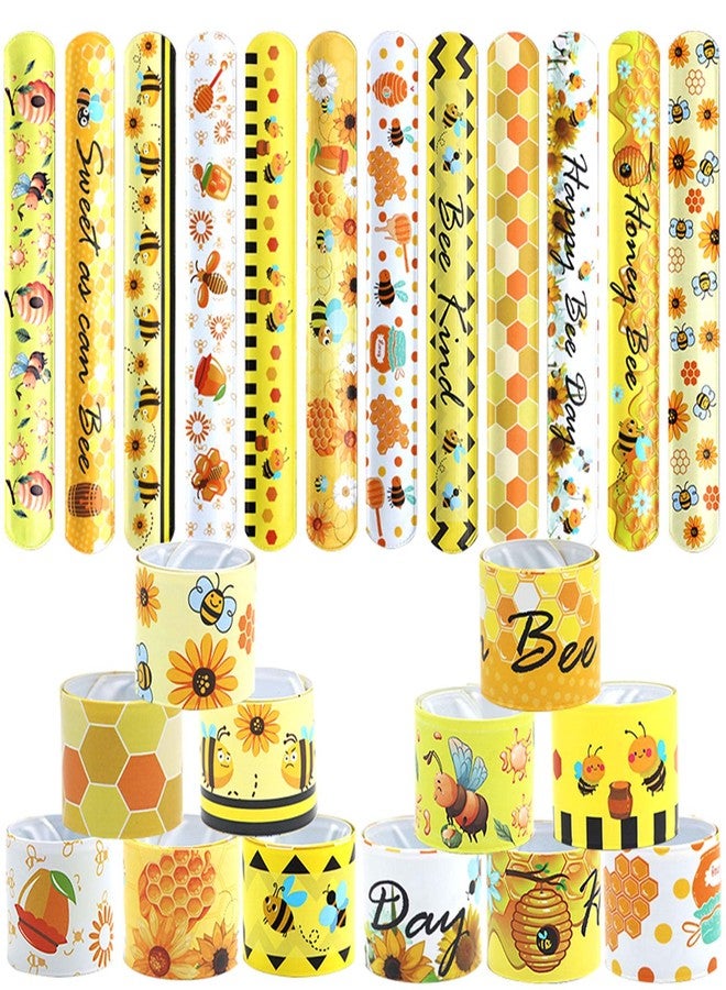 Qpout 48pcs Bee Slap Bracelets Honeycomb Wristbands Assorted Color Bee Theme Party Favors Sunflower Wristband Honeybee Yellow Bee Birthday Slap Bands Baby Shower for Classroom Prizes - Image 1