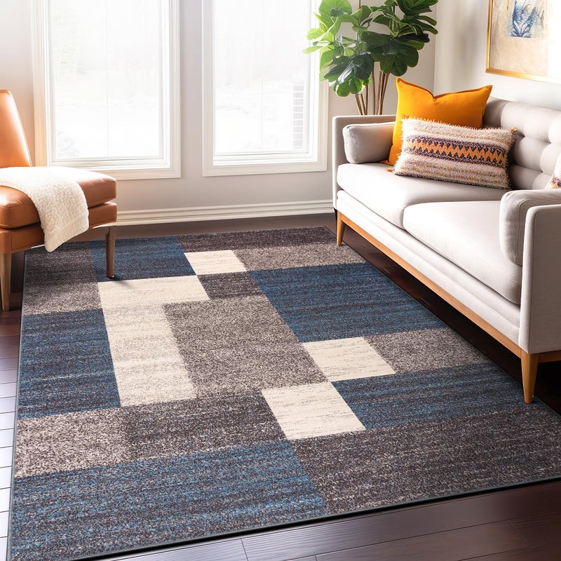 Rugshop Contemporary Blue Geometric Boxes Non-Slip Area Rug Non-Shedding for Living Room, Dining Room and Office, 5'3" x 7'3" - Image 1