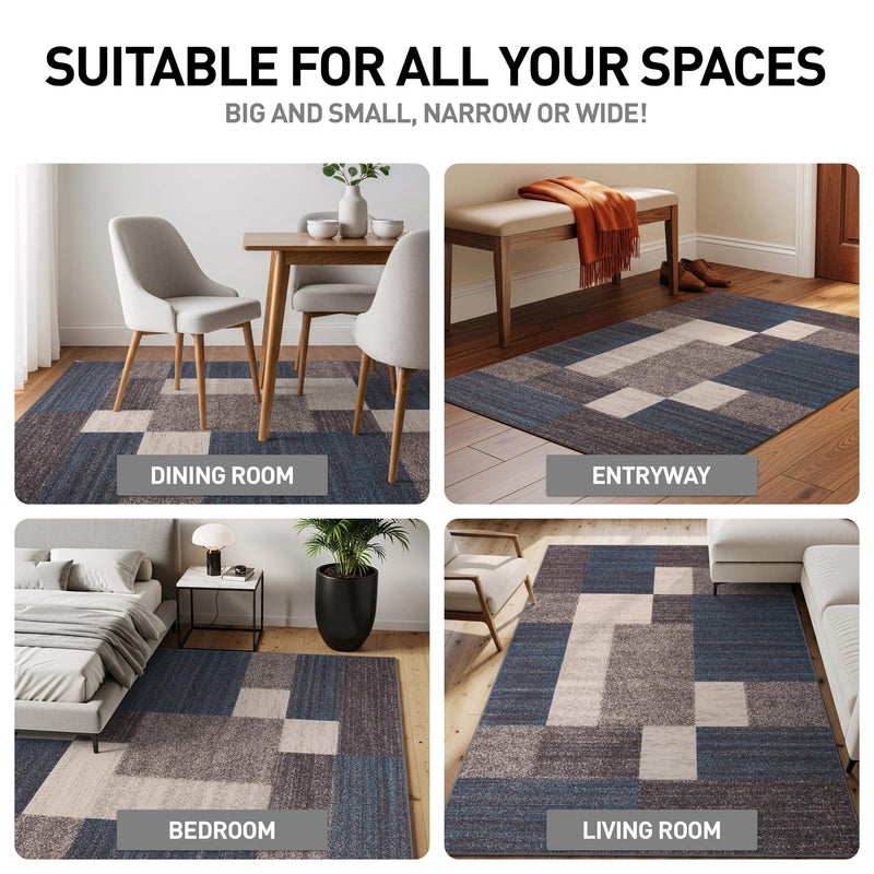 Rugshop Contemporary Blue Geometric Boxes Non-Slip Area Rug Non-Shedding for Living Room, Dining Room and Office, 5'3" x 7'3" - Image 3