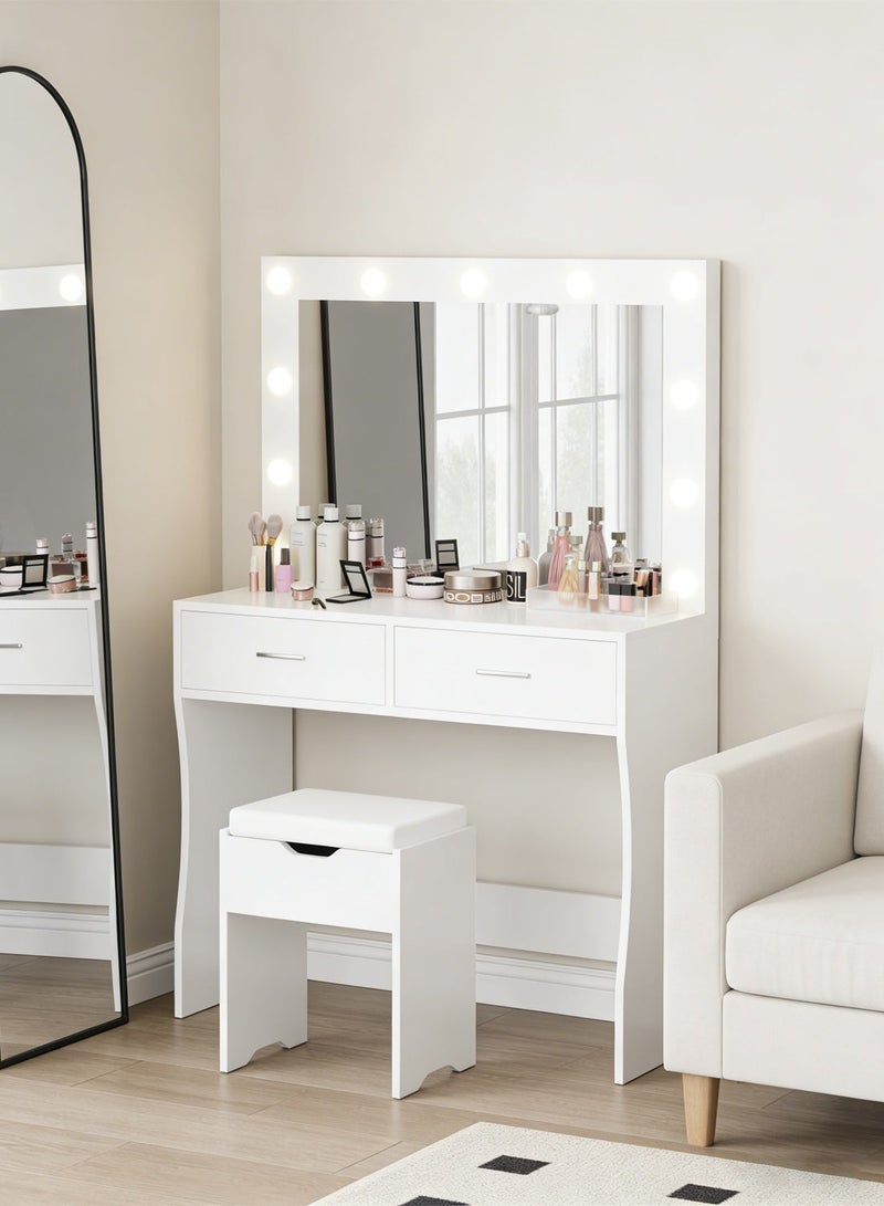 Sharpdo Bedroom Makeup Dressing Table with 3 Color Lighting Modes LED Mirror, Modern Vanity Desk with 2 Spacious Drawers, 90x40x134cm Desktop Vanity Table for Bedroom Skincare and Makeup, AE29 White (Stool Not Included) - Image 4