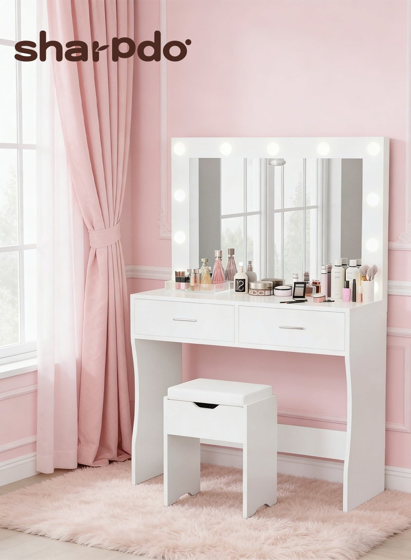 Sharpdo Bedroom Makeup Dressing Table with 3 Color Lighting Modes LED Mirror, Modern Vanity Desk with 2 Spacious Drawers, 90x40x134cm Desktop Vanity Table for Bedroom Skincare and Makeup, AE29 White (Stool Not Included) - Image 1