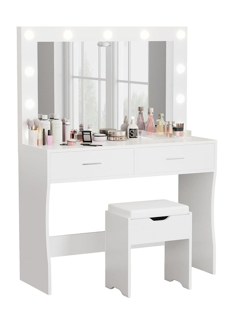 Sharpdo Bedroom Makeup Dressing Table with 3 Color Lighting Modes LED Mirror, Modern Vanity Desk with 2 Spacious Drawers, 90x40x134cm Desktop Vanity Table for Bedroom Skincare and Makeup, AE29 White (Stool Not Included) - Image 2