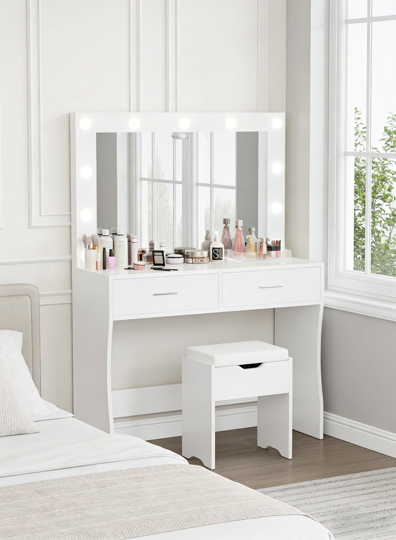 Sharpdo Bedroom Makeup Dressing Table with 3 Color Lighting Modes LED Mirror, Modern Vanity Desk with 2 Spacious Drawers, 90x40x134cm Desktop Vanity Table for Bedroom Skincare and Makeup, AE29 White (Stool Not Included) - Image 3