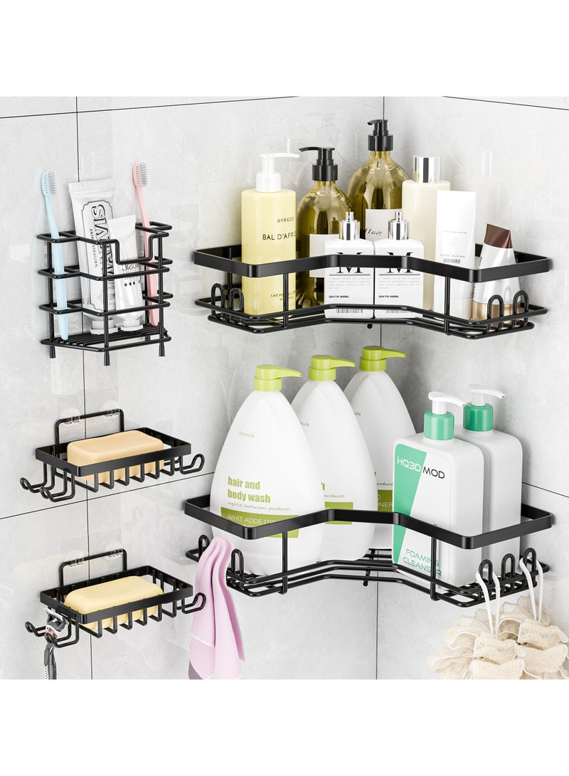 في توب مارت علبة استحمام زاوية من فيتوبمارت، 5 عبوات أرفف لاصقة بدون حفر، منظم حمام مثبت على الحائط، أسود - Image 1