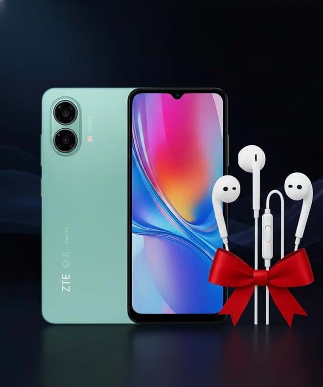 ZTE Mobile Blade A35e Dual SIM Ice Green 2GB+4GB RAM 64GB 4G - Middle East Version & Riversong MelodyJ+ EA159 Wired Earphones with 3.5mm Audio Jack – Very Deep Bass, High Fidelity Stereo Sound, Built-in Microphone, Noise Reduction, Inline Remote Control – White Bundle - Image 1