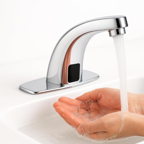 RFV1 Automatic Brass Sensor Tap for Bathroom, Touch Less Hand Free Sensor Tap for Washbasin with Foam Flow Water, 5 Inch Height. AC and Battery Operated (Cold Only) - Image 1