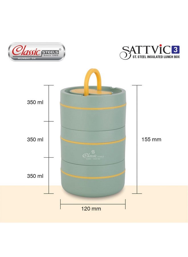 Classic Steels صندوق غداء كلاسيك ستيلز ساتفيك المعزول من الفولاذ المقاوم للصدأ 3 حاويات دائرية سعة 350 مل لكل منها وملعقة قابلة للطي | آمن للاستخدام في الميكروويف | صندوق غداء محكم التسرب ومغلق الهواء | صندوق غداء ساخن - Image 5
