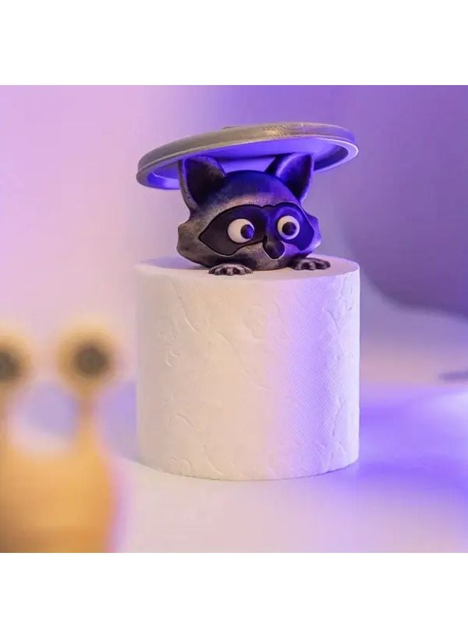 Silvery 3D Printed Raccoon Toilet Paper Holder With Lid Playful Bathroom Decor Gift - Image 3