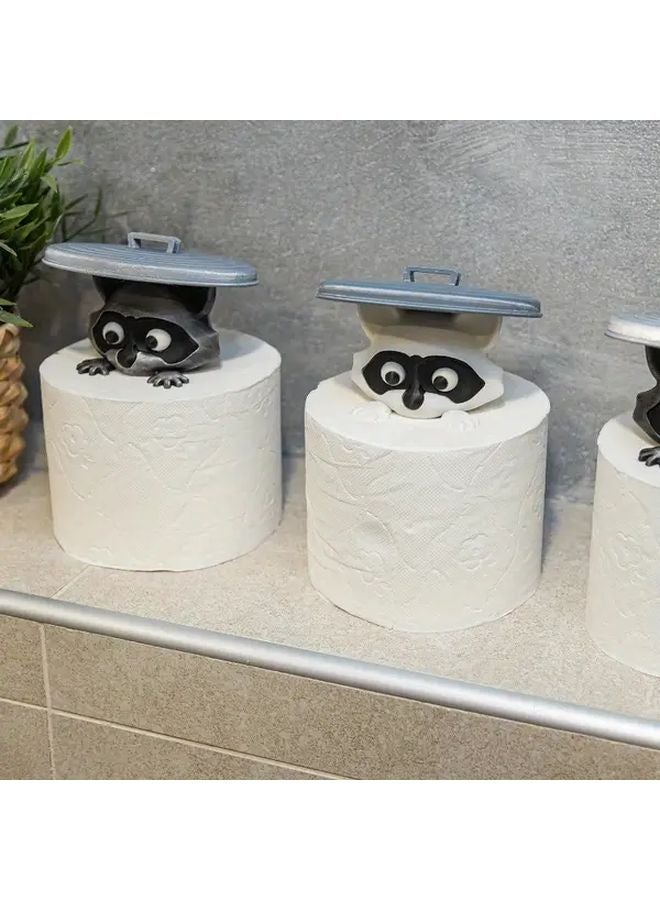 Silvery 3D Printed Raccoon Toilet Paper Holder With Lid Playful Bathroom Decor Gift - Image 1