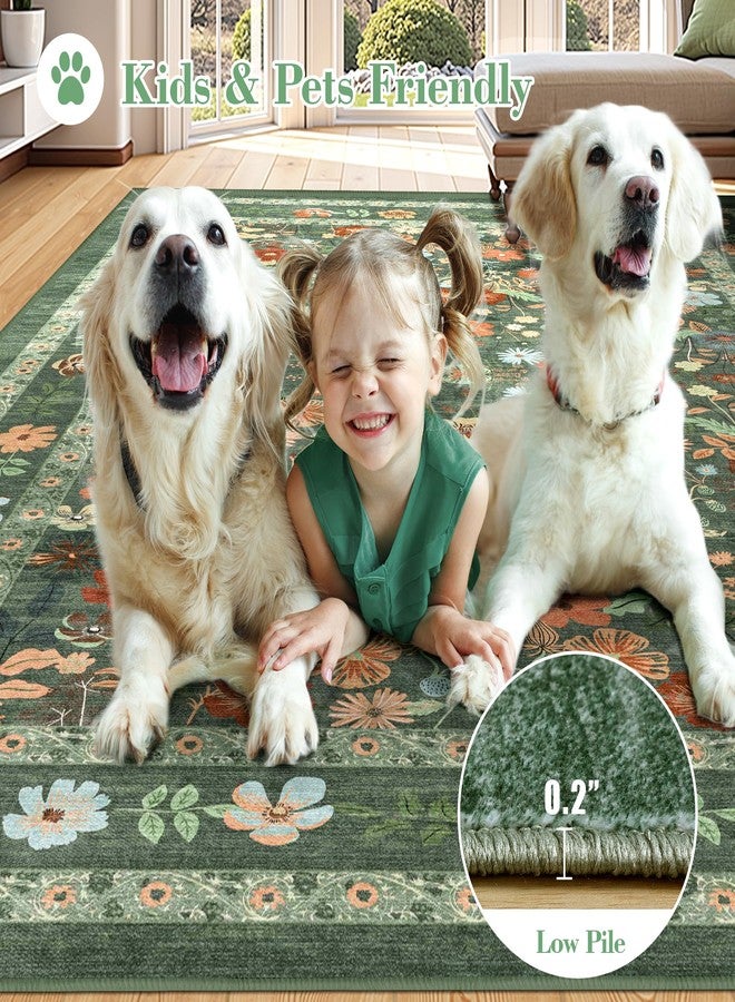 Deerly Area Rugs 3x5 Green Floral Small Thin Entryway Rug - Vintage Boho Washable Non-Slip Living Room Carpet Soft Low Pile Bedroom Floor Mat Indoor Home Decor for Dining Room Playroom Farmhouse, Green/Multi - Image 4