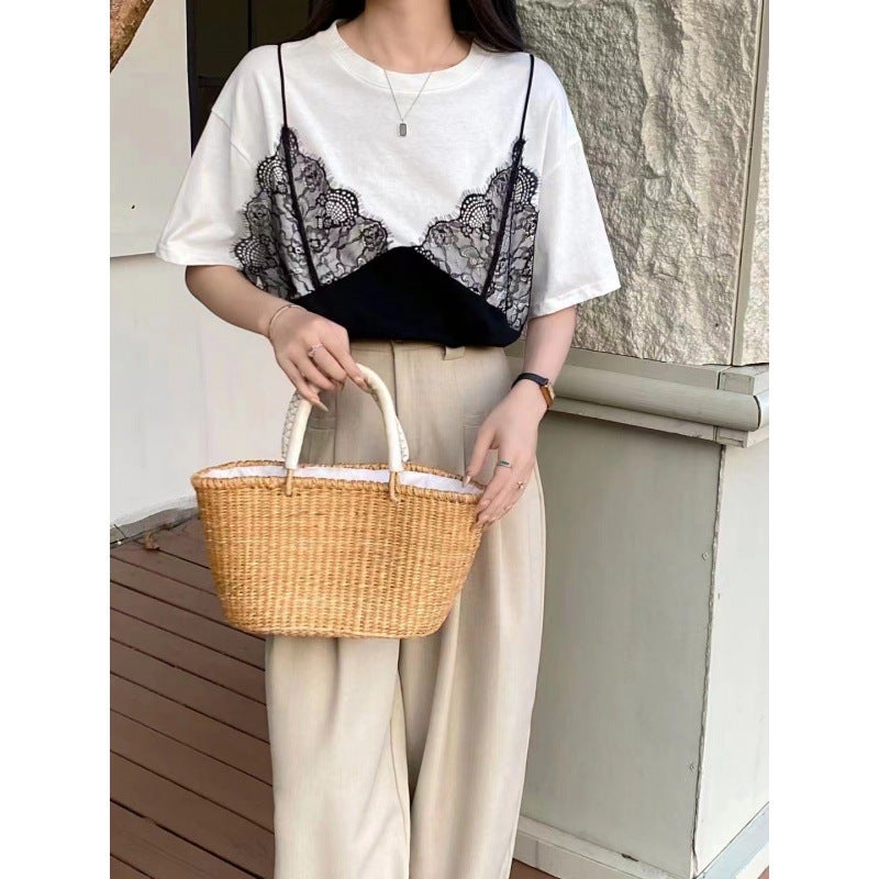 Multiplication 2024 Korean Spring Dongdaemun Lace Pattern Sling Fake Two-Piece Short-Sleeved T-Shirt - Image 4