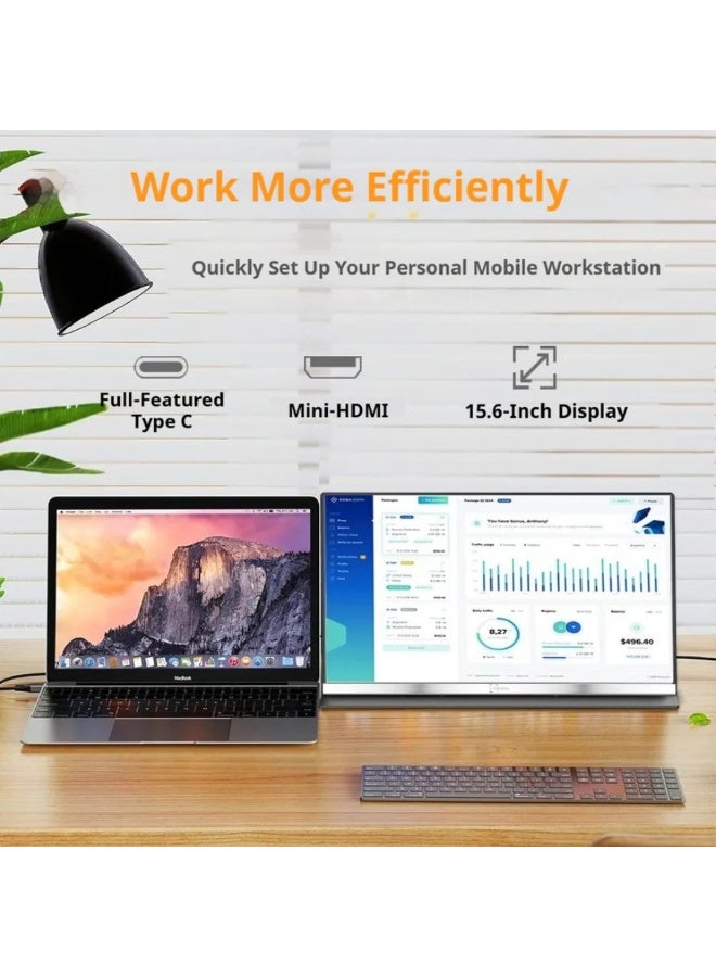 ڤي2كوم شاشة محمولة V2COM مقاس 15.6 بوصة P4 بدقة Full HD IPS مع منفذ USB-C/HDMI شاشة خارجية فائقة النحافة للابتوب، الكمبيوتر، الألعاب والسفر - Image 3