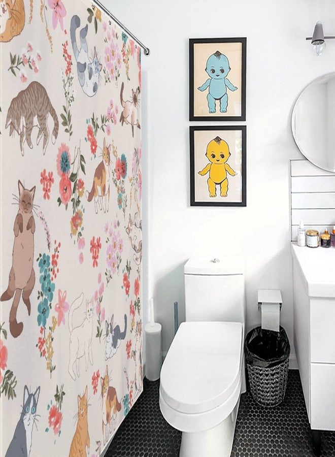 TKUYO Cat Shower Curtain, Farmhouse Watercolor Floral Cute Cat Wildflower Lovely Kawaii Kitten Lovers Aesthetic Boho Beige Waterproof Fabric Bathroom Shower Curtain Set with Hooks, 72"x72" Inch - Image 3