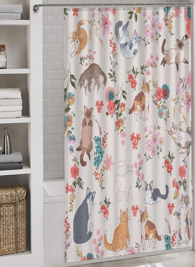 TKUYO Cat Shower Curtain, Farmhouse Watercolor Floral Cute Cat Wildflower Lovely Kawaii Kitten Lovers Aesthetic Boho Beige Waterproof Fabric Bathroom Shower Curtain Set with Hooks, 72"x72" Inch - Image 2