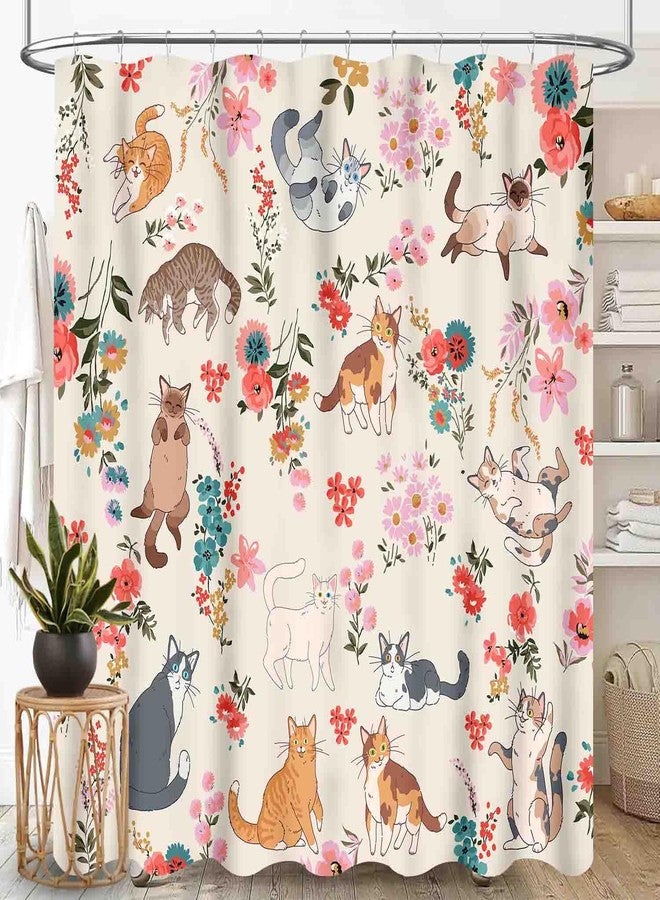 TKUYO Cat Shower Curtain, Farmhouse Watercolor Floral Cute Cat Wildflower Lovely Kawaii Kitten Lovers Aesthetic Boho Beige Waterproof Fabric Bathroom Shower Curtain Set with Hooks, 72"x72" Inch - Image 1