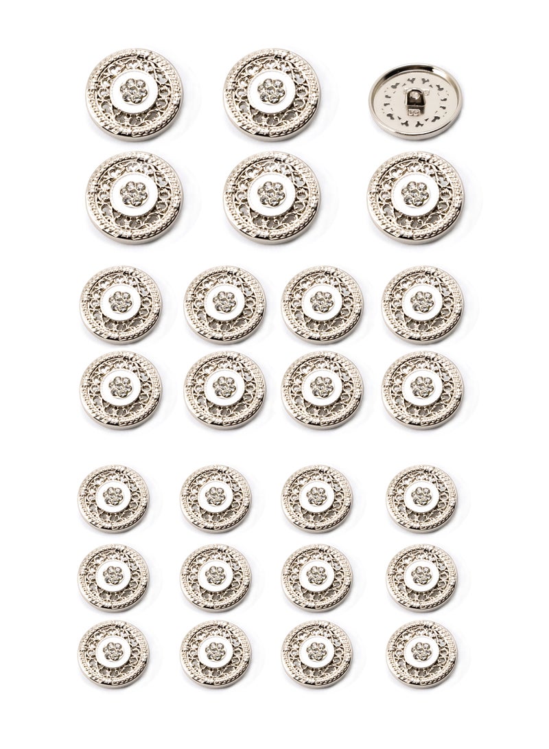 26PCS and 3 sizes Clothes Buttons - Fashion nice Design with stone Round Shaped Metal Button Set (Silver + White )  - Image 1
