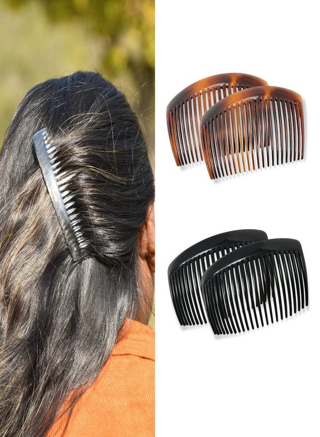 Parcelona French Glossy 23 Teeth Large 4" Celluloid Acetate 2 Colors Hair Clip Combos No Slip Grip Side Hair Combs for Women, Made in France (Shell Black) - Image 1
