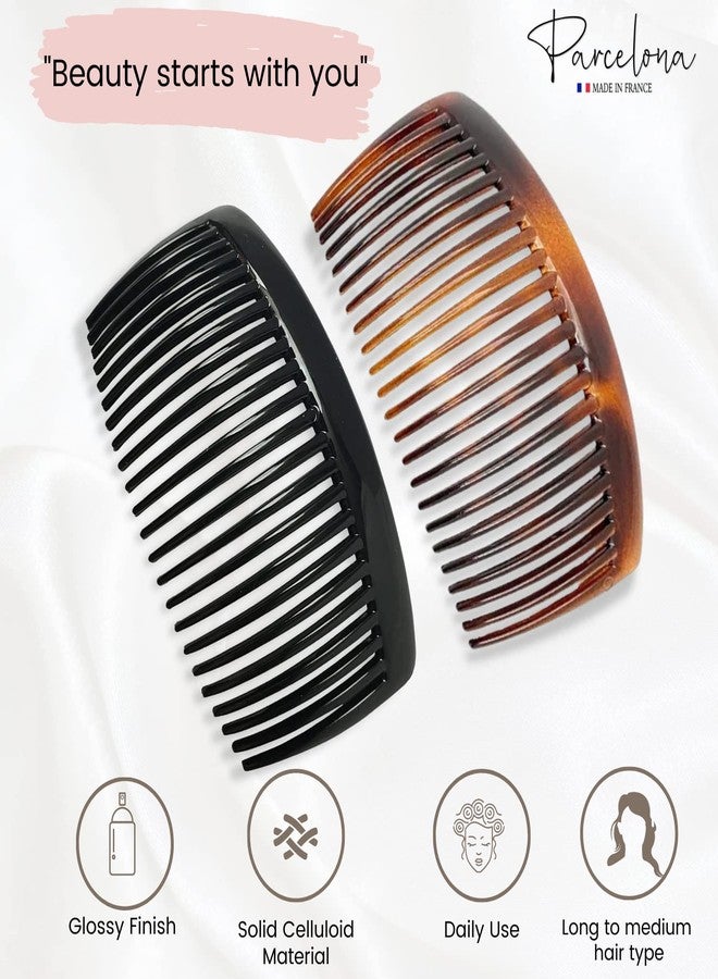 Parcelona French Glossy 23 Teeth Large 4" Celluloid Acetate 2 Colors Hair Clip Combos No Slip Grip Side Hair Combs for Women, Made in France (Shell Black) - Image 2