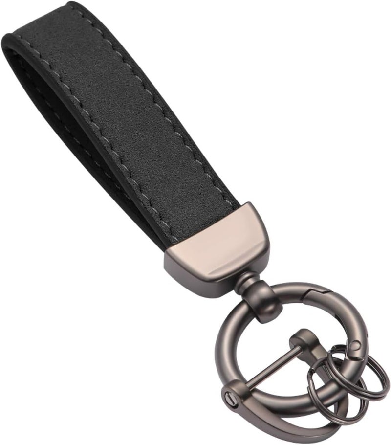 360° Rotatable Suede Cowhide Keychain with D-Buckle and 2 Key Rings - Black - Image 1
