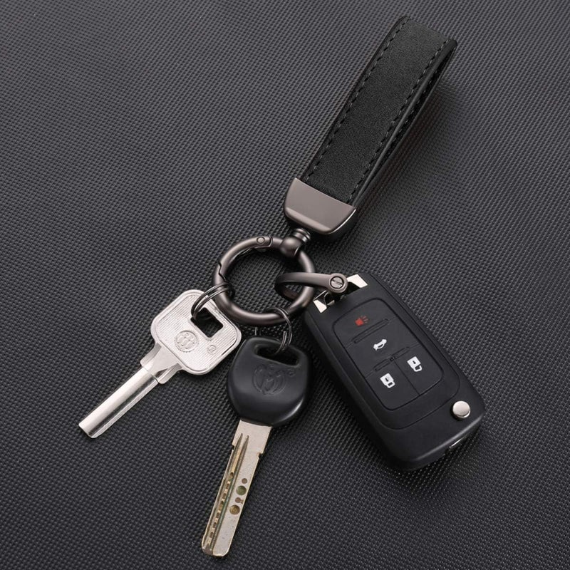 360° Rotatable Suede Cowhide Keychain with D-Buckle and 2 Key Rings - Black - Image 2