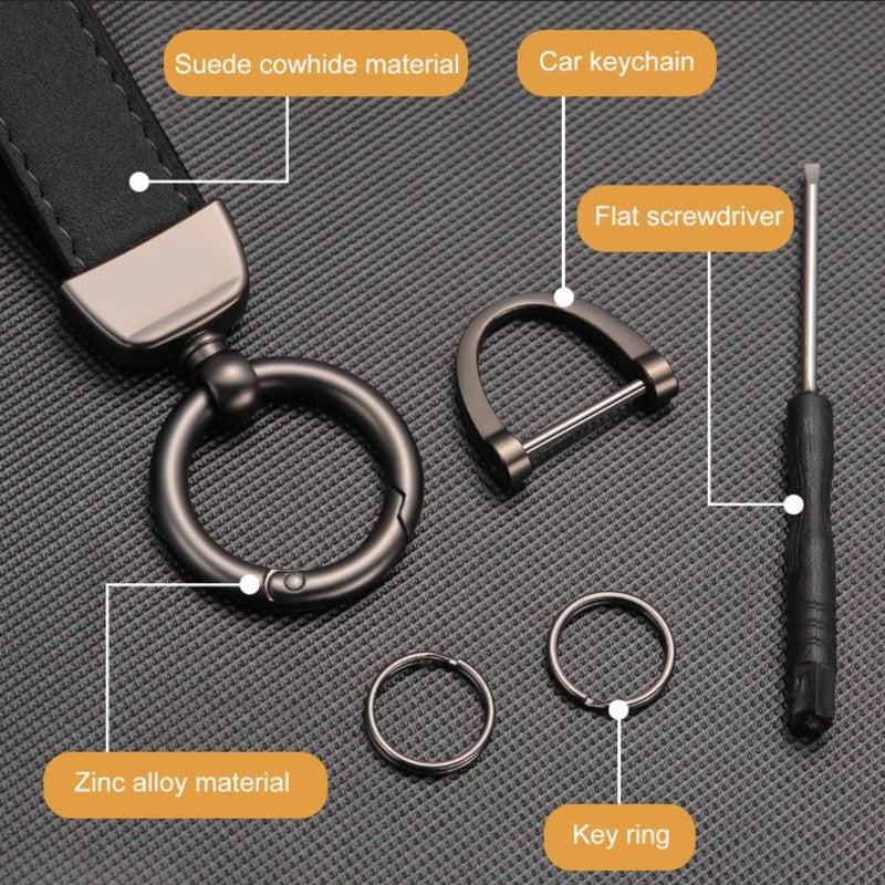 360° Rotatable Suede Cowhide Keychain with D-Buckle and 2 Key Rings - Black - Image 3
