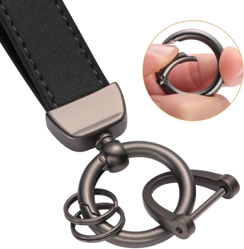 360° Rotatable Suede Cowhide Keychain with D-Buckle and 2 Key Rings - Black - Image 5