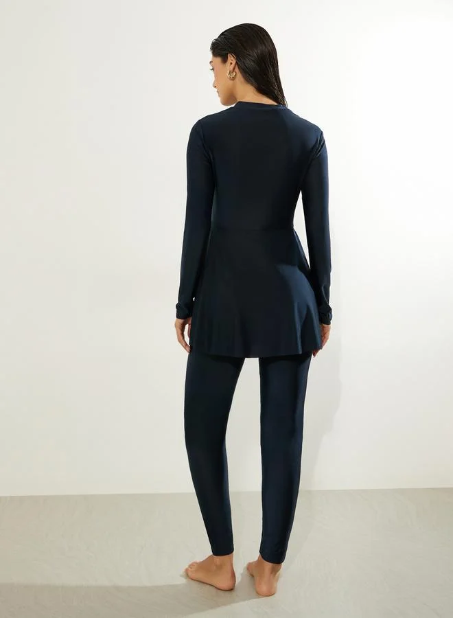 Styli Navy Blue Pack of 2 - Full Sleeve Half Zip Tunic with Ruffle Detail and Leggings Burkini Set for Women | Best Price UAE