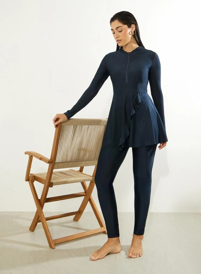 Styli Navy Blue Pack of 2 - Full Sleeve Half Zip Tunic with Ruffle Detail and Leggings Burkini Set for Women | Best Price UAE