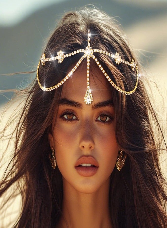 ووي مجوهرات سلسلة رأس مرصعة بأحجار الراين من Woeoe، قطعة رأس ذهبية مرصعة بالكريستال، مجوهرات شعر متعددة الطبقات مناسبة للمهرجانات والمناسبات النسائية - Image 5